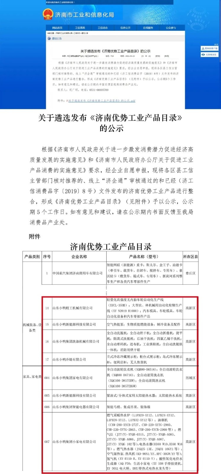 山东小鸭集团家电有限公司入选《济南市优势工业产品目录》
